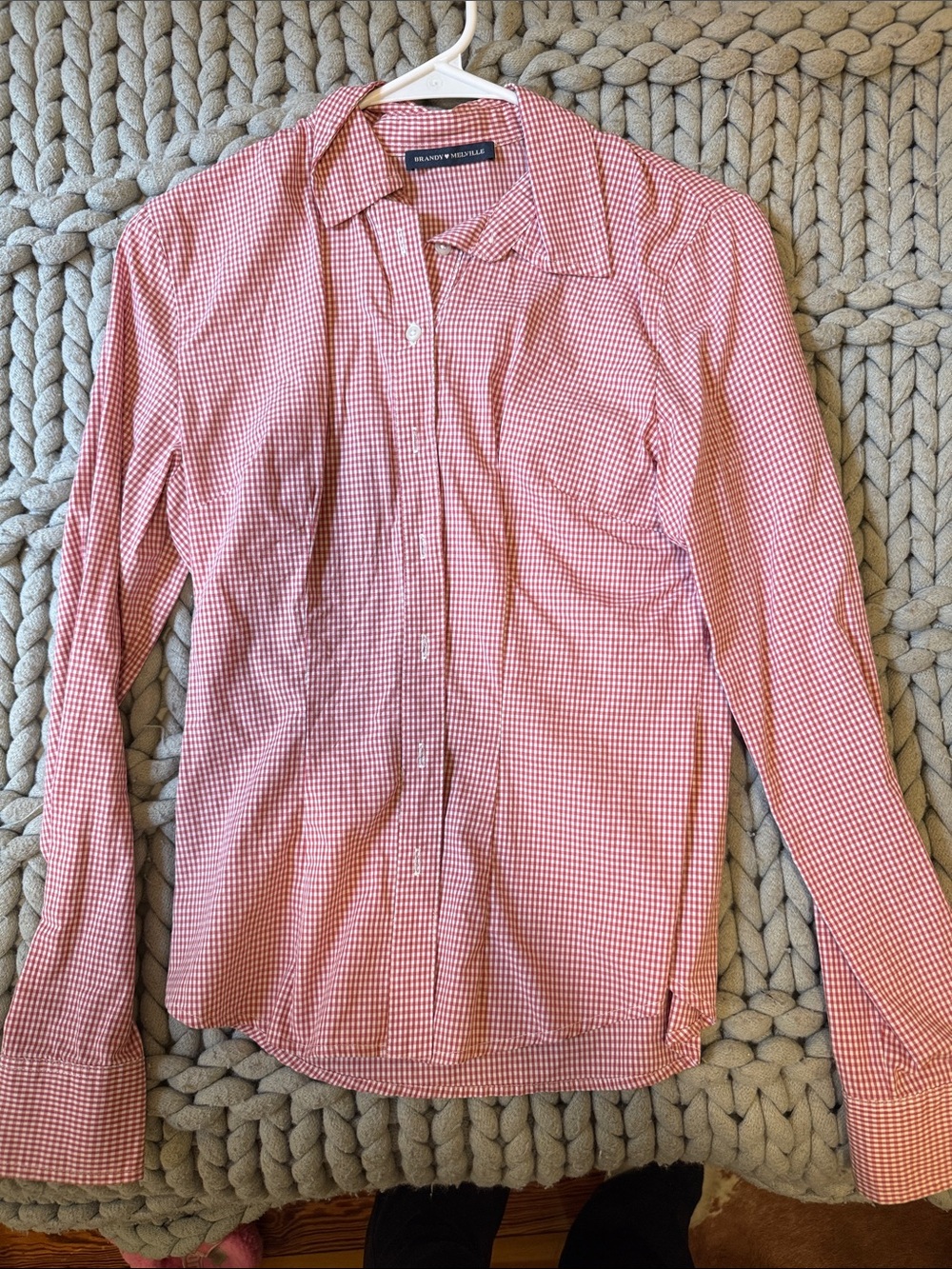 Brandy Melville Red and White Gingham Button-Down Shirt